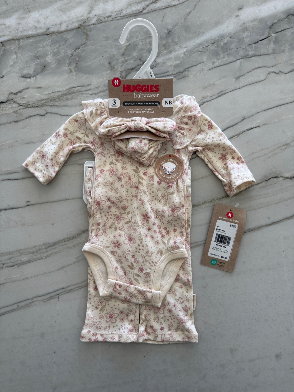 Baby Girl Pointelle Floral Matching Bodysuit and Pants with Headband
